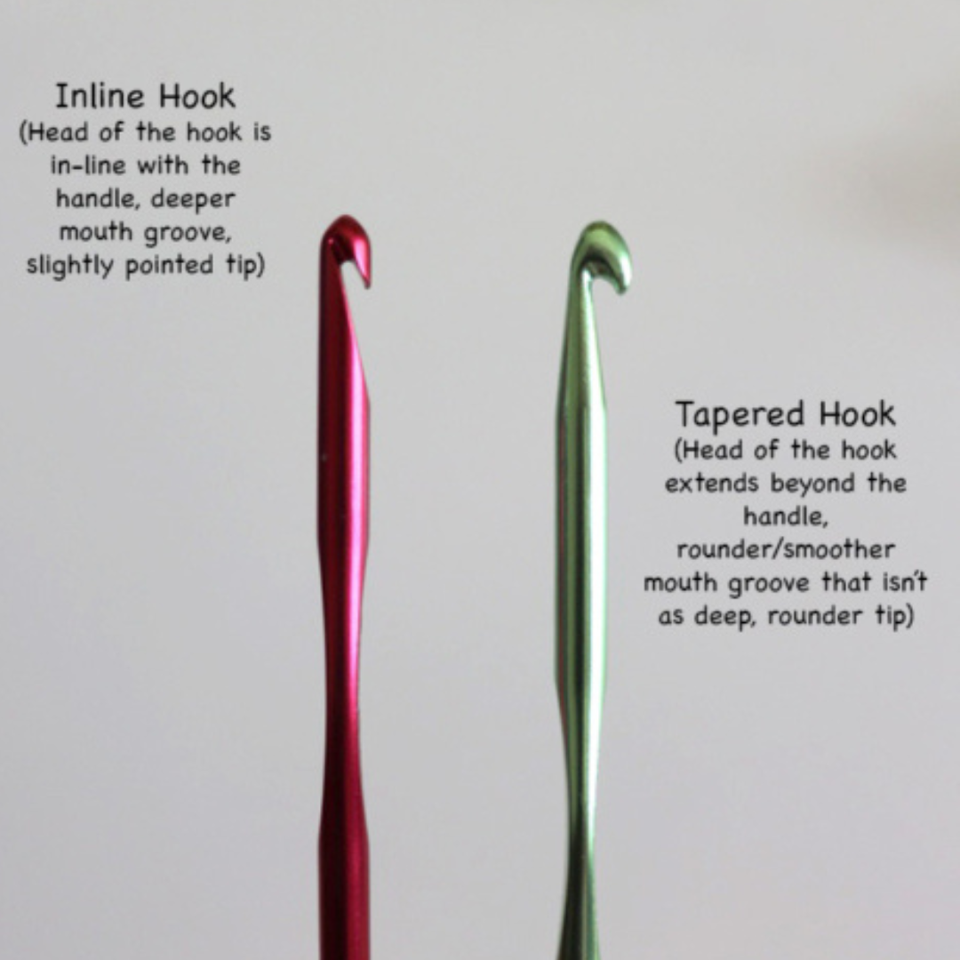 Repeat Crafter Me shows the differences between inline and tapered crochet hooks.