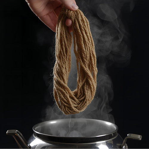 A hand holding a skein of natural-colored handspun yarn over the spout of a steaming silver kettle to set the twist.